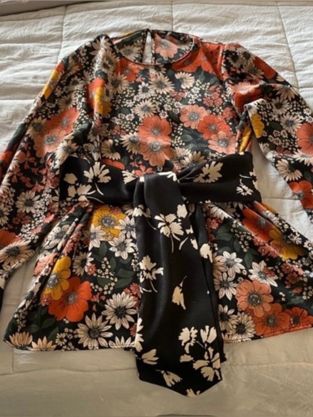 Zara Black Floral Long-Sleeve Blouse with Orange & Yellow Flowers